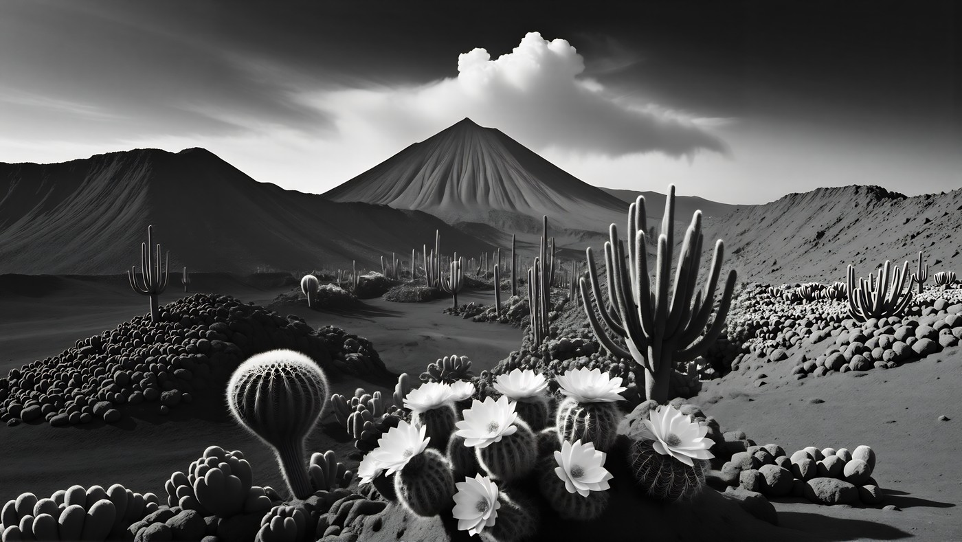 Cactus en flor ante un volcán canario, en blanco y negro