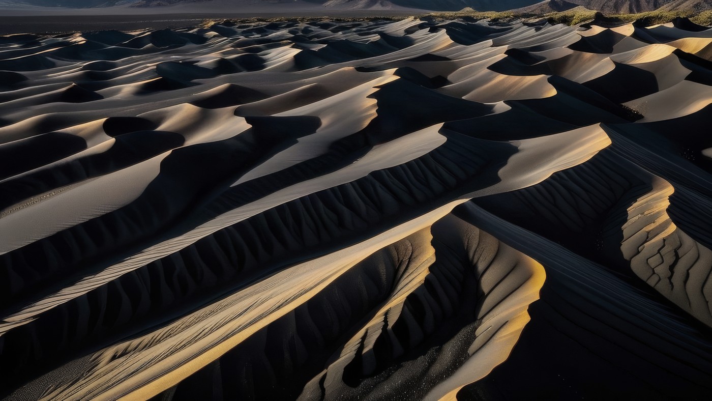 Dunas de arena volcánica negra peinadas por el viento, con la luz dorada rasante sobre las crestas