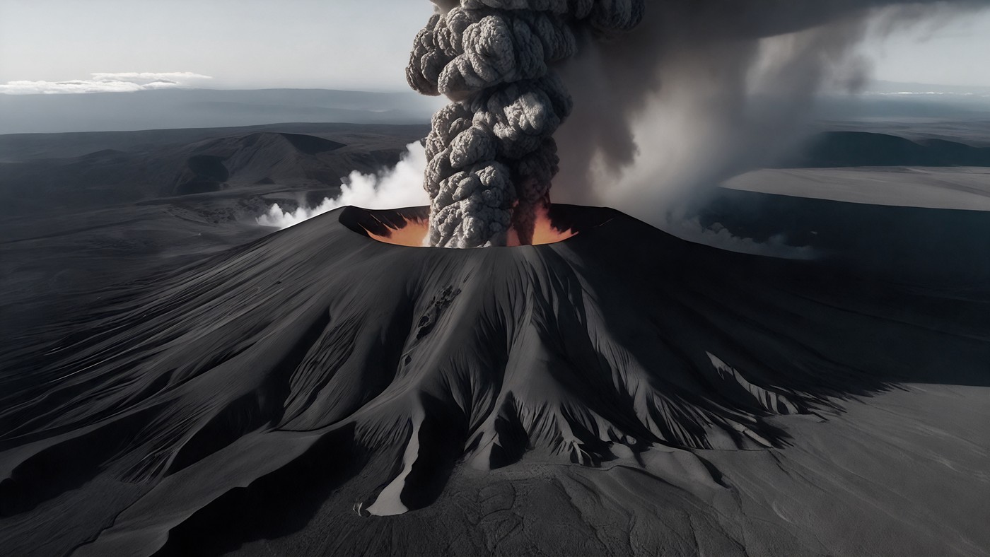 El cráter en erupción visto desde arriba: el anillo incandescente y los abanicos de ceniza que descienden por las laderas