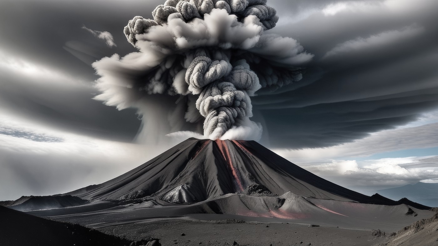 Cono volcánico en erupción: la columna de ceniza y las coladas descendiendo por la ladera