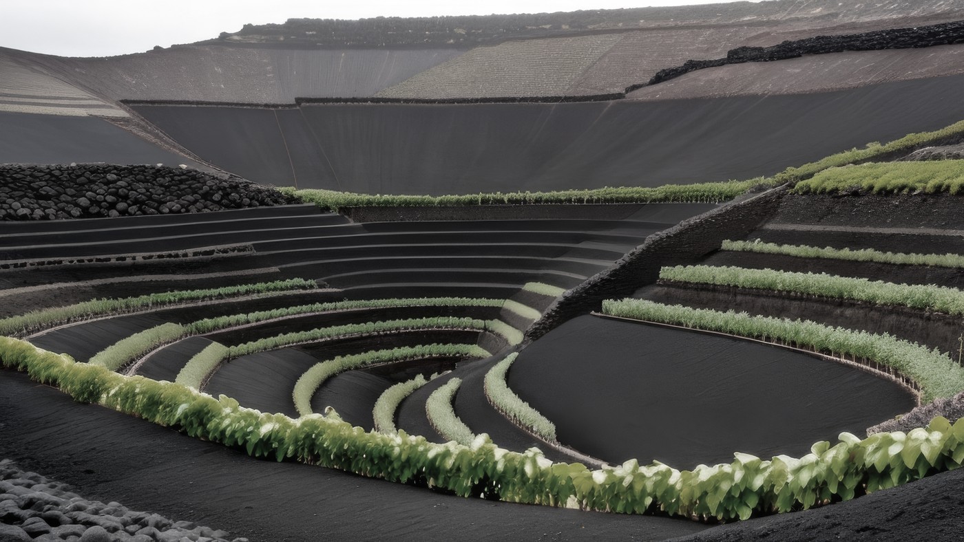 Terrazas de cultivo en suelo volcánico negro con hileras verdes concéntricas, al estilo de La Geria en Lanzarote