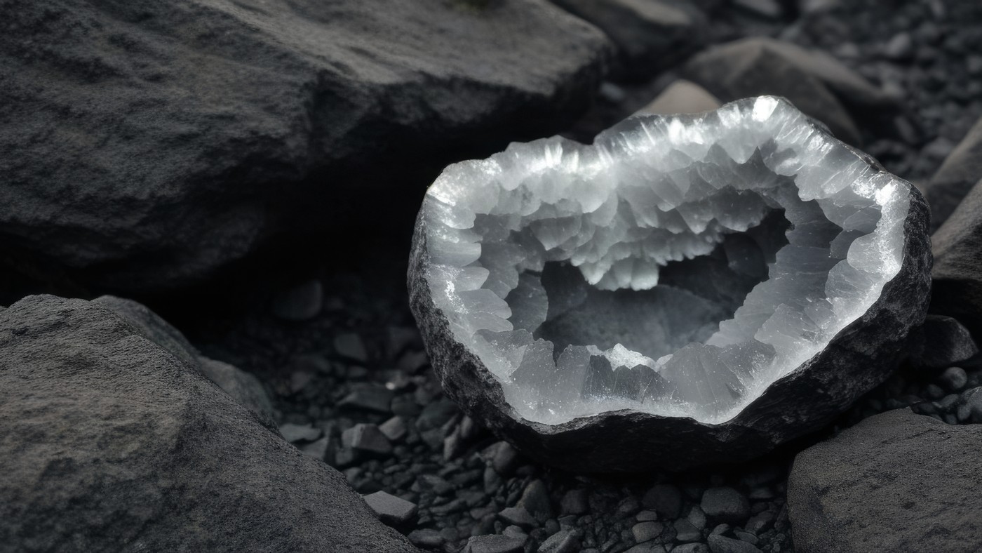 Geoda abierta de forma irregular sobre roca volcánica: corteza áspera, cristales dentro