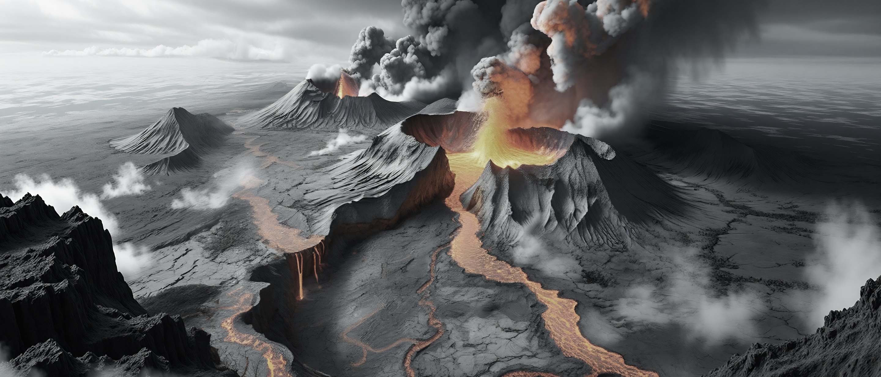 Cono volcánico en erupción sobre el mar, con la columna de humo y la colada descendiendo por la ladera