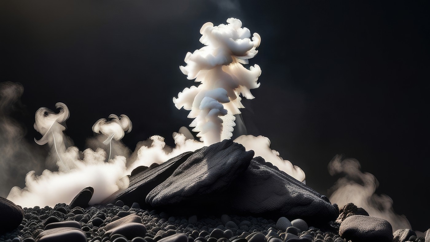 Columnas de vapor blanco elevándose entre rocas volcánicas oscuras sobre fondo negro