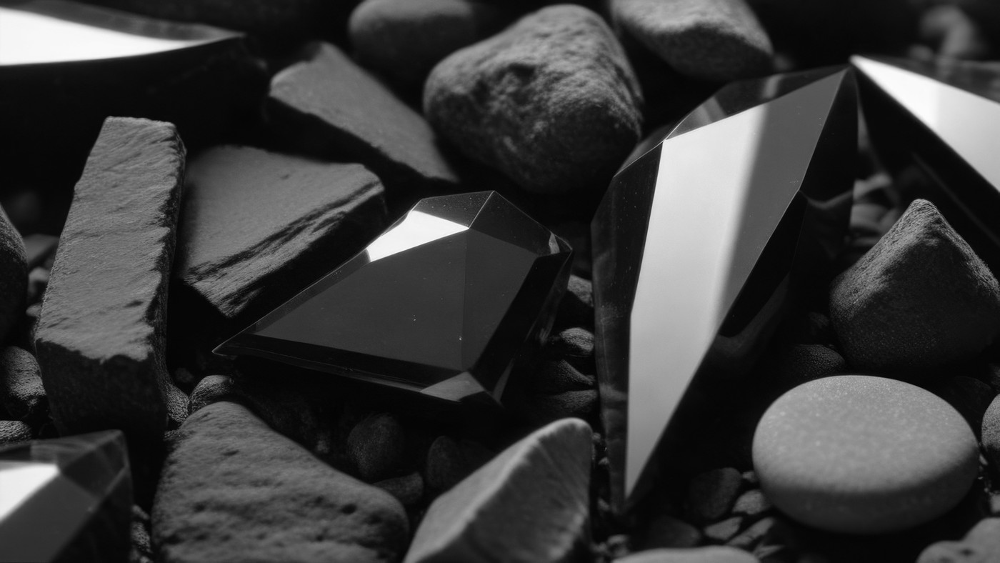Gemas de obsidiana talladas y brillantes entre piedras volcánicas mates, en blanco y negro