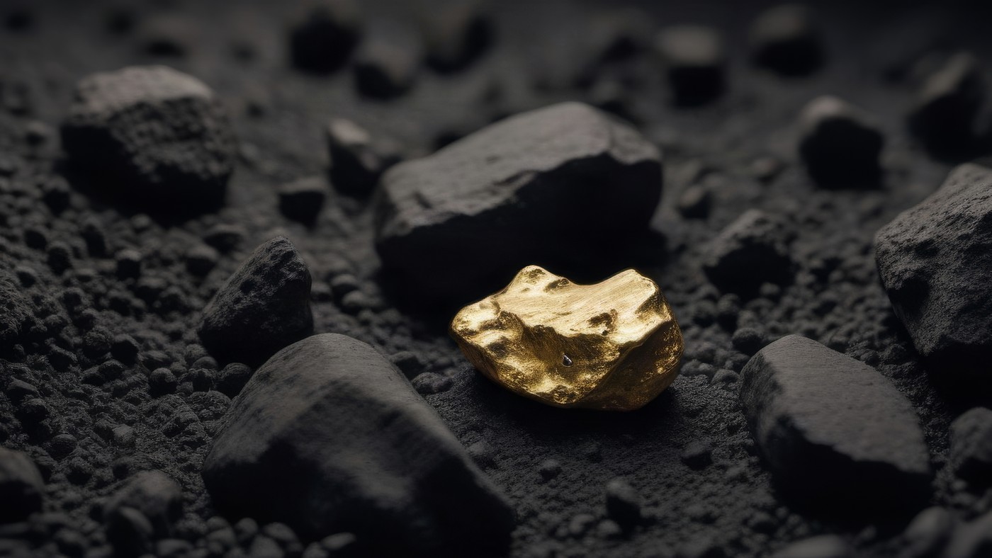 Pepita de oro nativa entre piedras y ceniza volcánica negra