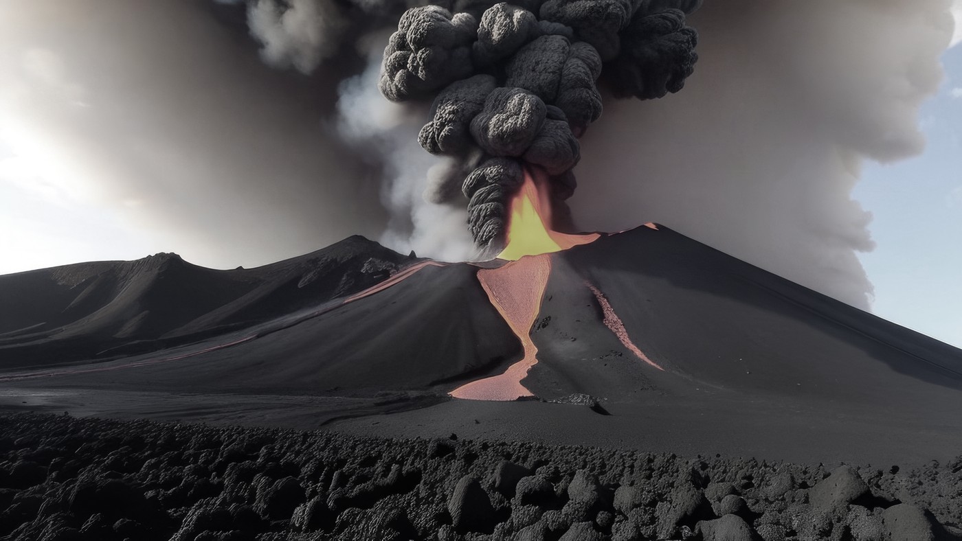Erupción: columna de ceniza y fuente de lava desde el cráter de un cono negro