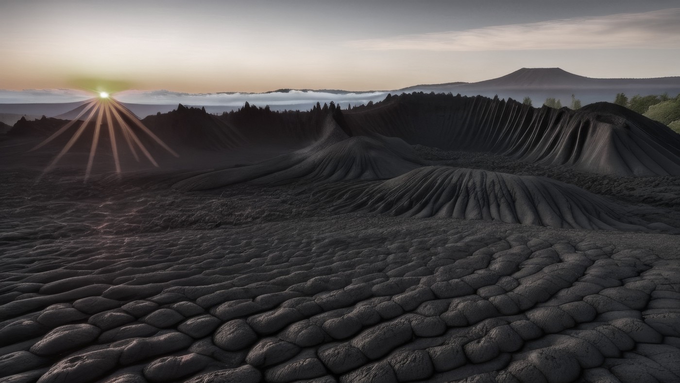 Amanecer con luz rasante sobre un campo volcánico negro: el sol bajo revela cada relieve del terreno