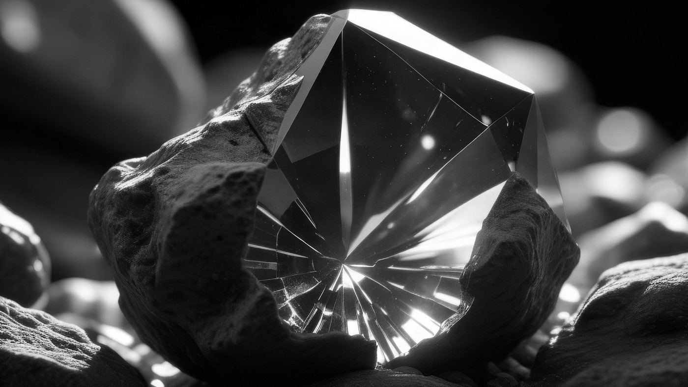 Cristal tallado entre rocas volcánicas ásperas, atravesado por la luz que revela sus facetas, en blanco y negro