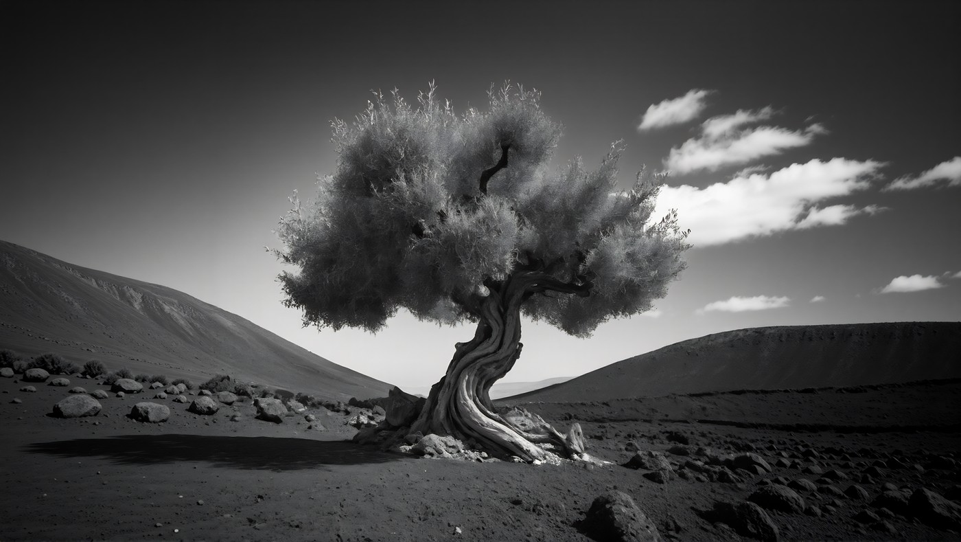 Campo de lava enfriada en blanco y negro