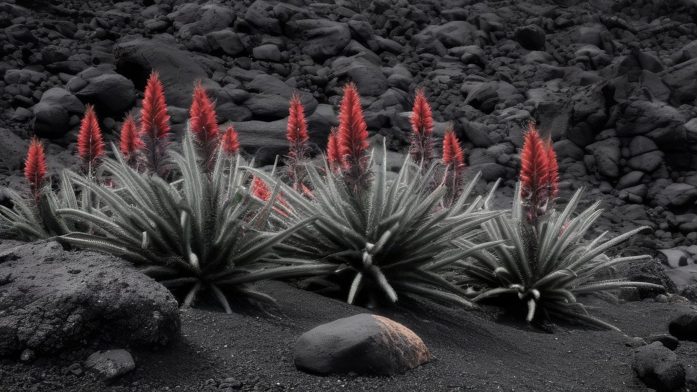 Plantas de flores rojas erguidas, cada una distinta, sobre el mismo suelo volcánico negro