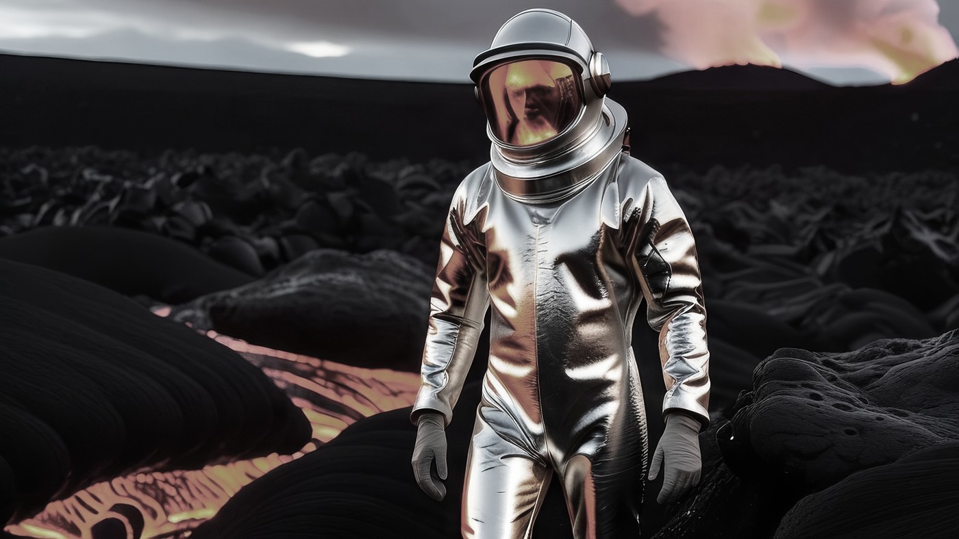 Figura con traje aluminizado de protección caminando junto a una colada de lava