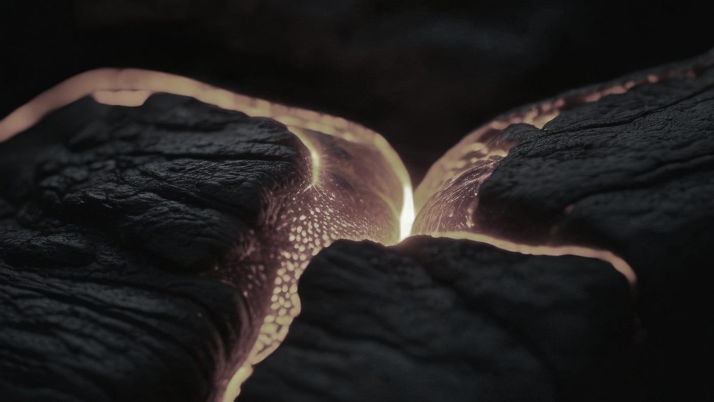 Dos lenguas de lava incandescente tocándose y soldándose en una sola superficie, la juntura aún brillante