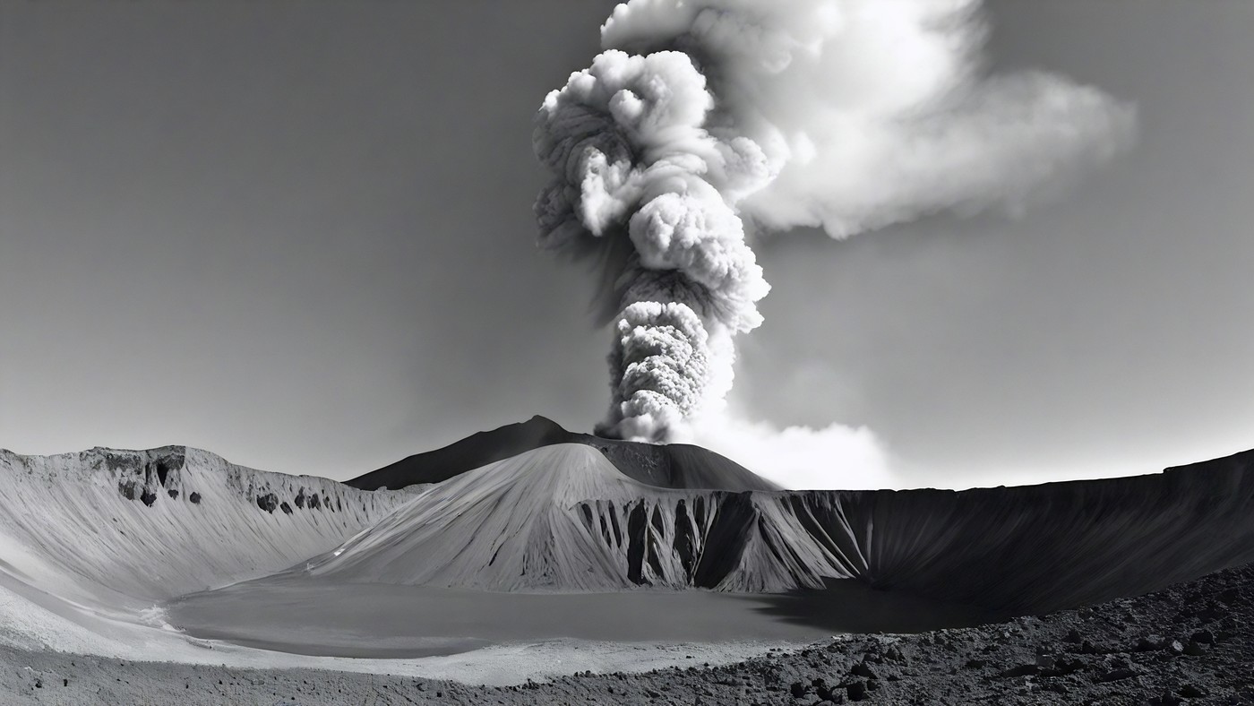 Caldera volcánica en blanco y negro: la columna de erupción se eleva desde el cráter sobre la cuenca
