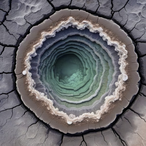 Vista cenital de una fuente termal: anillos concéntricos de distinto color alrededor del centro, cada uno habitado por organismos distintos según la temperatura.