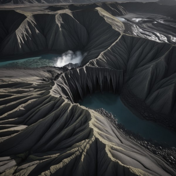 Vista aérea de un paisaje volcánico de crestas y barrancos oscuros, con agua acumulada en el fondo y una fumarola.