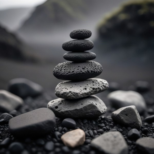 Una pequeña torre de piedras apiladas sobre grava volcánica: se sostiene solo por equilibrio.