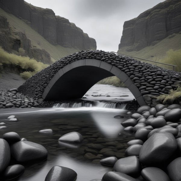 Un puente de piedra de un solo arco sobre un río, apoyado en las dos orillas de un barranco volcánico.