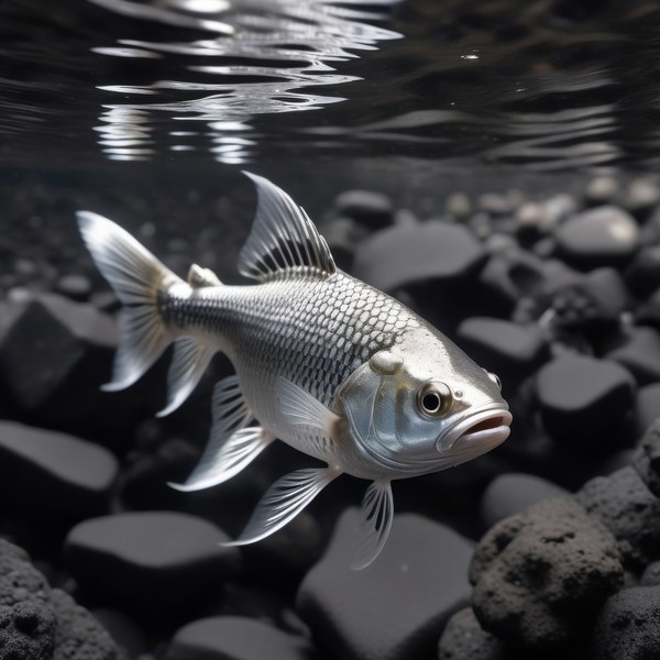 Un pez plateado nadando en una poza de agua clara sobre fondo de piedra volcánica negra: el animal solo prospera en el medio que necesita.